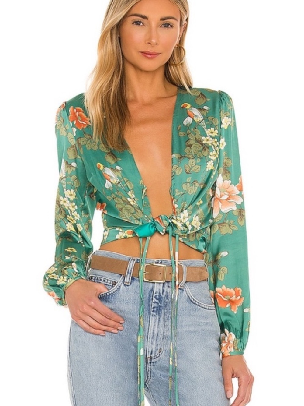 MAJORELLE Teal Floral Tie-Front Blouse